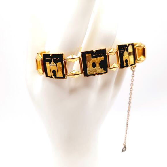 Vintage Damascene Castle Link Bracelet, Spanish Gold Black Jewelry, 7 Inch Chain - Picture 3 of 12